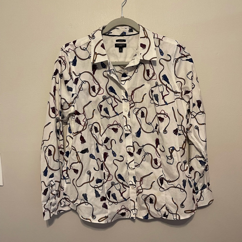 Talbots Equestrian Print Button Down Collared Shirt